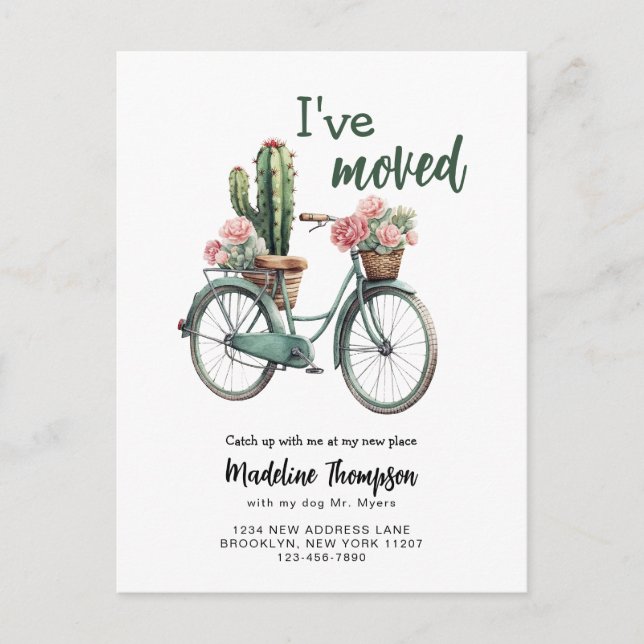 Cartão Postal De Anúncio Mudei Floral Cactus Bicicleta Aquarela Mudança (Frente)