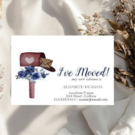 Cartão Postal De Anúncio Mudei-me, Caixa de Correio Aquarela Flores Azuis