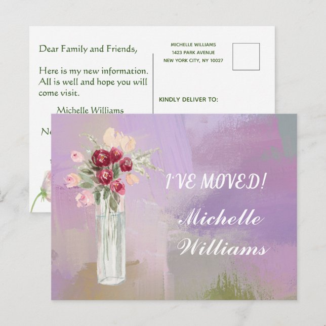 Cartão Postal De Anúncio Mudei Orçamento Aquarela Rosa Floral Mudando (Frente/Verso)