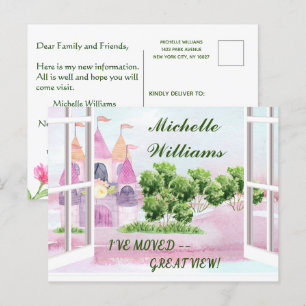 Cartão Postal De Anúncio Mudei Orçamento Divertido Castelo Aquarela Mudança
