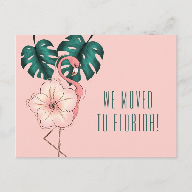 Cartão Postal De Anúncio Mudou-se para Flamingo Monstera Leaf Pink (Frente)