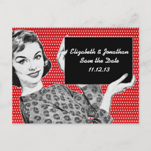 Cartão Postal De Anúncio Mulher da década de 1950 com um sinal Salvar a dat