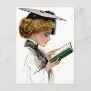 Cartão Postal De Anúncio Mulher Graduada Vintage Lendo Livro Clássico