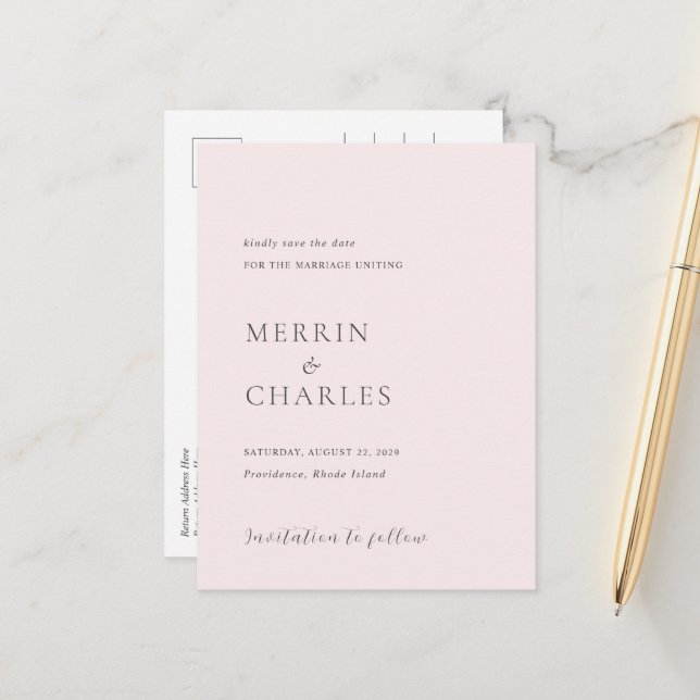 Cartão Postal De Anúncio Na moda Pink Foto Moderno Casamento Salve a Data (Frente/Verso In Situ)