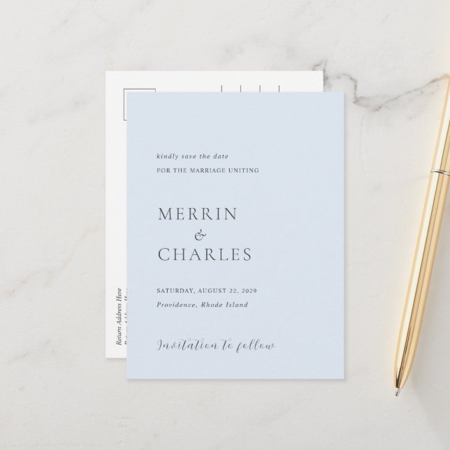 Cartão Postal De Anúncio Na moda Powder Blue Modern Wedn Casamento Salvar D (Frente/Verso In Situ)