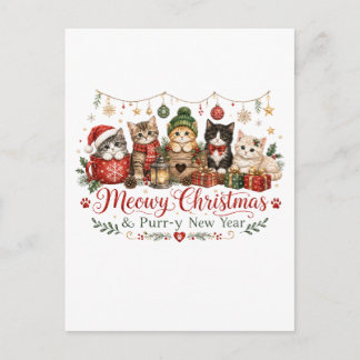 Cartão Postal De Anúncio Natal Meowy e Ano Novo Purr