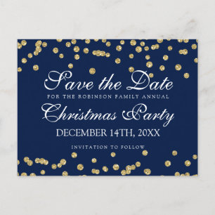 Cartão Postal De Anúncio Natal Salve A Data Dourado Glitter Confete Azul-Ma