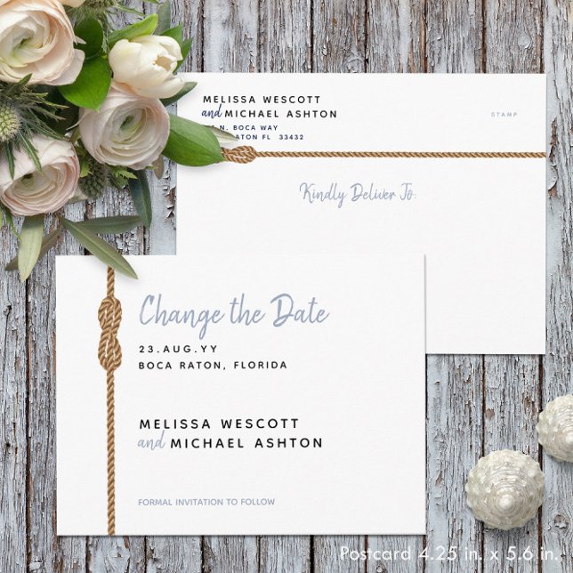 Cartão Postal De Anúncio Náutico ⛵ Azul Poeirento + Branco Altere a Data (Nautical ⛵ Dusty Blue + White Change The Date Announcement Postcard
)