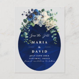 Cartão Postal De Anúncio Navy Blue Floral Save the Date, Elegant