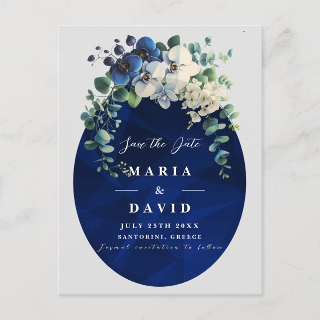 Cartão Postal De Anúncio Navy Blue Floral Save the Date, Elegant (Frente)