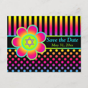 Cartão Postal De Anúncio Neon Floral Stripes Bat Mitzvah Guarde o Cartão de