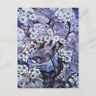 CARTÃO POSTAL DE ANÚNCIO NINHO DE PÁSSARO, ÁRVORE COM FLORES BRANCAS E AZUI
