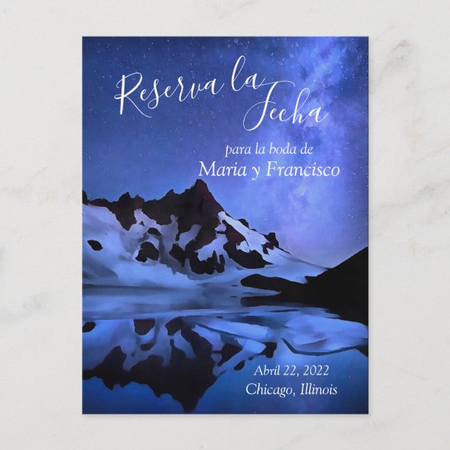 Cartão Postal De Anúncio Noche Estrellada en las Montañas Reserva la Fecha (Frente)