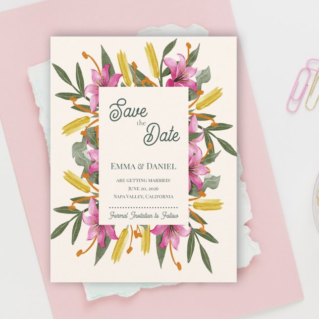 Cartão Postal De Anúncio Noiva Botânica Romântica Rosa Bege Lírio (Blush Pink Lily Botanical Save the Date | Romantic Watercolor Floral Garden Wedding Announcement)