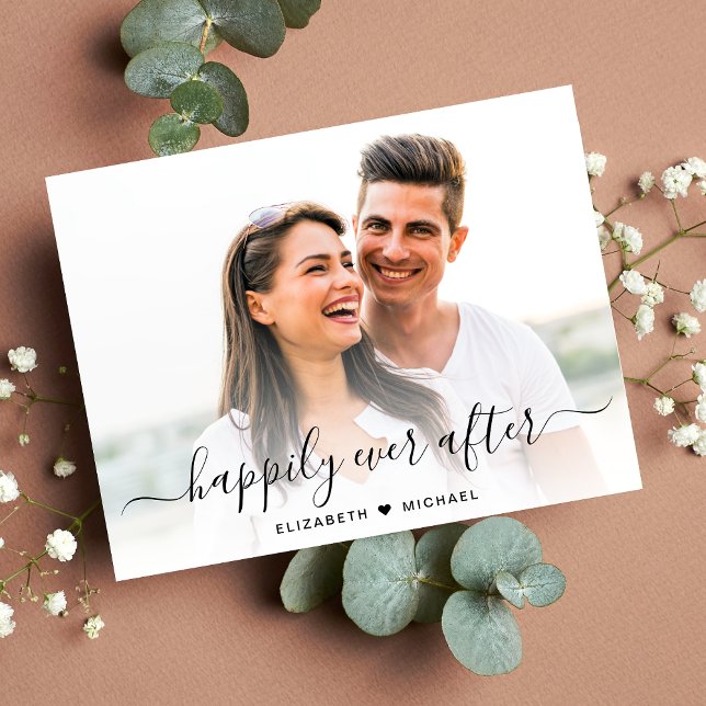 Cartão Postal De Anúncio Noivado de Sobreposição de Fotografias de Script C (A chic happily ever after photo engagement announcement)