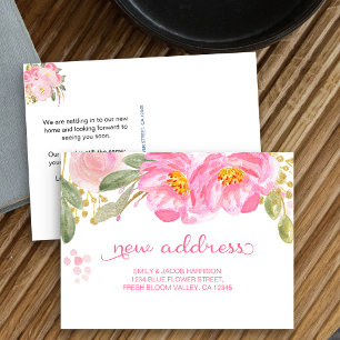 Cartão Postal De Anúncio Nós Mudamos Endereço Novo Floral Aquarela Rosa