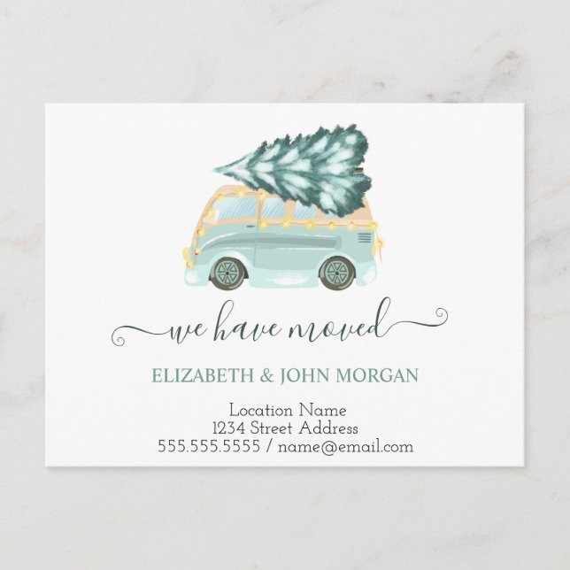 Cartão Postal De Anúncio Nós nos mudamos Caminhão Verde Árvore de Natal  (Frente)