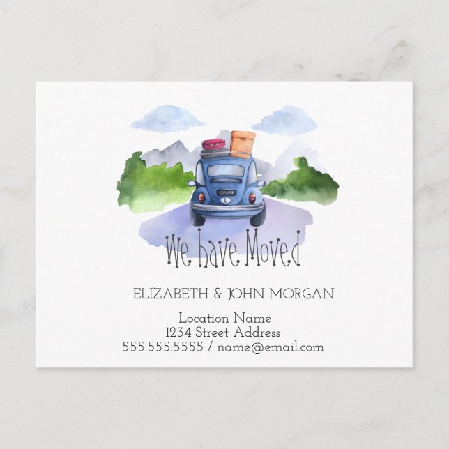 Cartão Postal De Anúncio Nós Nos Mudamos, Carro, Malas, Novo Endereço (Frente)