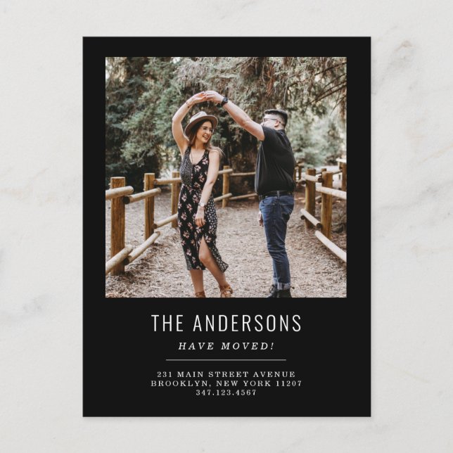 Cartão Postal De Anúncio Nós nos mudamos Mudança de Endereço Foto Preta Mud (Frente)