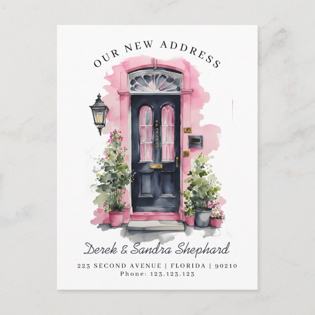 Cartão Postal De Anúncio Nós nos mudamos Novo Endereço Porta de Aquarela Pr (Frente)