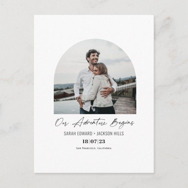 Cartão Postal De Anúncio Nossa aventura começa, Foto Archada salve data (Frente)