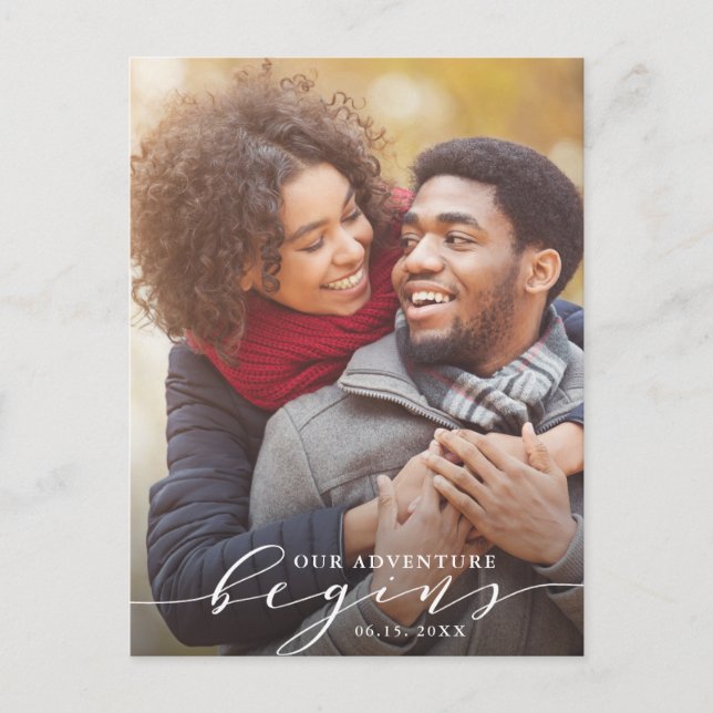 Cartão Postal De Anúncio Nossa Aventura Começa | Foto de Salvar a Data (Frente)