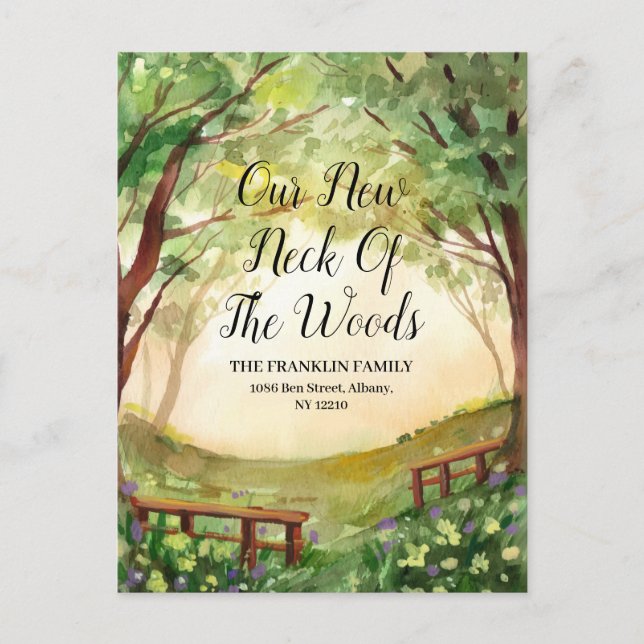 Cartão Postal De Anúncio Nosso Novo Pescoço Da Floresta Movendo Novo Endere (Frente)
