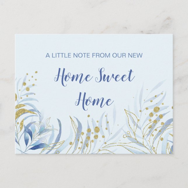 Cartão Postal De Anúncio Nova Casa Doce Lar Folhagem Aquarela Azul Mudança (Frente)