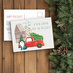 Cartão Postal De Anúncio Nova Casa para o Gnome de Natal e Caminhão em Muda