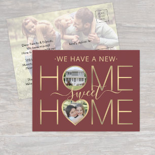 Cartão Postal De Anúncio Novo endereço Home Sweet Home Burgundy e Foto Dour