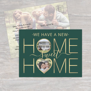 Cartão Postal De Anúncio Novo endereço Home Sweet Home Green & Dourado 3 Fo