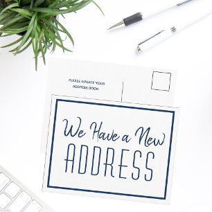 Cartão Postal De Anúncio Novo Endereço Minimalista Azul Marinho Branco Chic