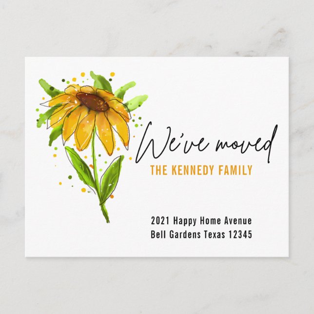 Cartão Postal De Anúncio Novo Floral Amarelo de Água em Casa que Mudamos   (Frente)