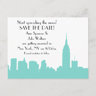 Cartão Postal De Anúncio NYC Aqua Skyline Silhouette Salve a Data