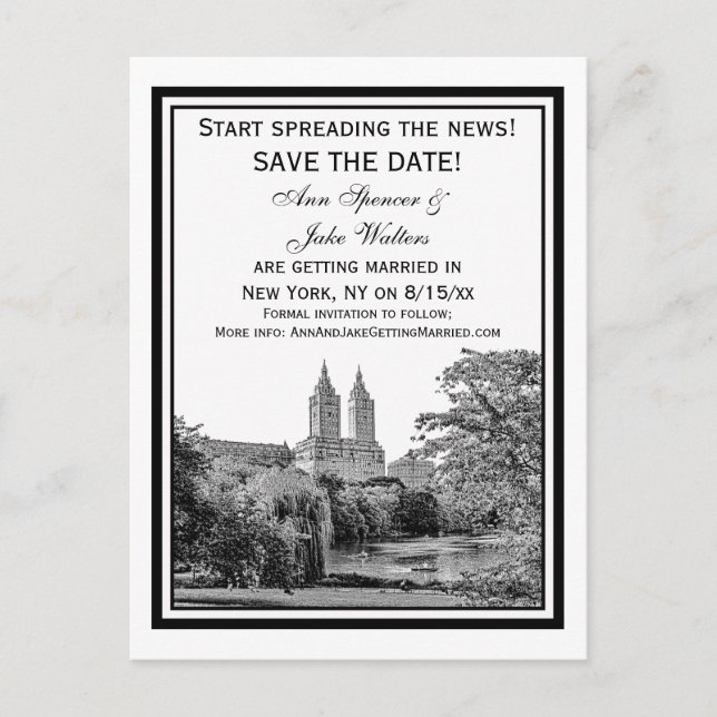 Cartão Postal De Anúncio NYC Centrl Pk Lake San Remo Etchd SQ Salvar Data (Frente)