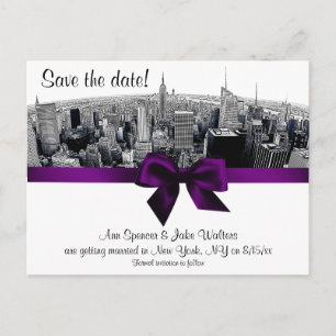 Cartão Postal De Anúncio NYC Etched Fisheye Skyline BW Roxo Save the Date