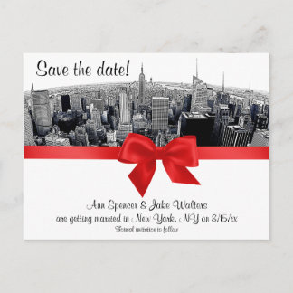 Cartão Postal De Anúncio NYC Etched Fisheye Skyline Preto e Branco Vermelho