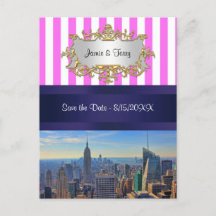 Cartão Postal De Anúncio NYC Skyline B2 - Faixa Branca Rosa Salvar a Data