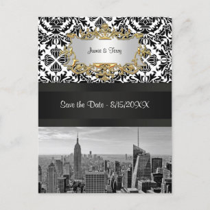 Cartão Postal De Anúncio NYC Skyline BW 431 Damask Save the Date Postcard