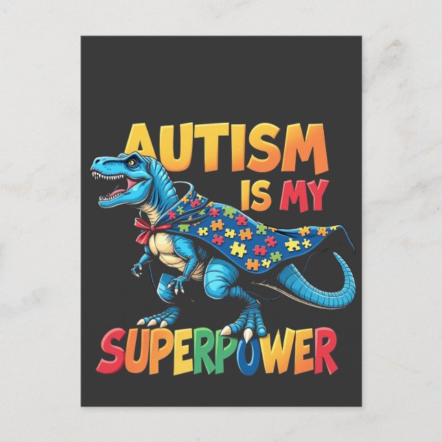 Cartão Postal De Anúncio O Autismo é Meu Superpoder Dinossauro Conscientiza (Frente)