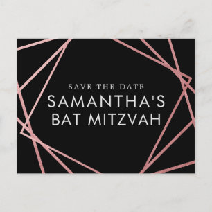 Cartão Postal De Anúncio O Bat Moderno Rosa e Negro Mitzvah Salva a Data