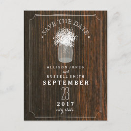 Cartão Postal De Anúncio O bébé Mason Jar Barn Wood Salve a data
