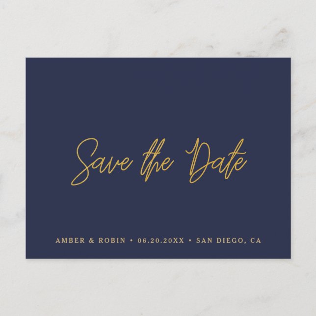 Cartão Postal De Anúncio O casamento do marinho e do ouro salvar a data (Frente)