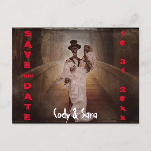 Cartão Postal De Anúncio O esqueleto assustador noiva e noivo salvam a data (Frente)