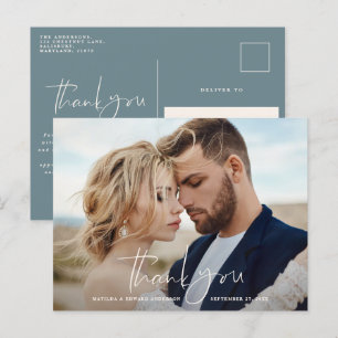 Cartão Postal De Anúncio Obrigado de casamento com fotos modernas, azul mín