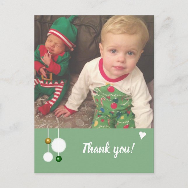 Cartão Postal De Anúncio Obrigado pelos presentes de Natal verdes com fotos (Frente)