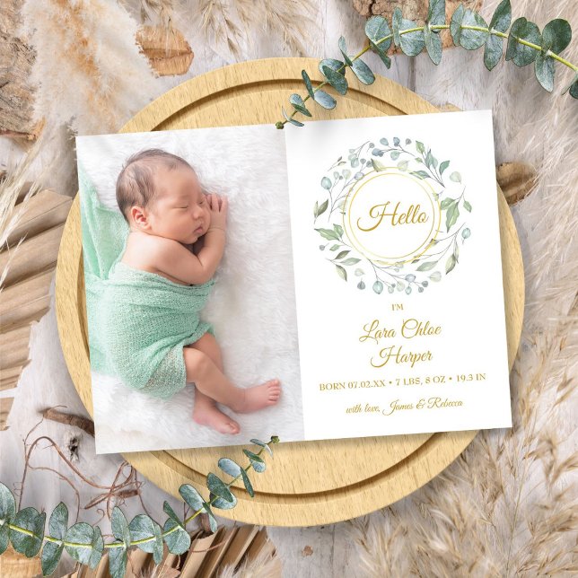Cartão Postal De Anúncio Olá Foto Folhagem Floral Nascimento Roteiro Dourad (Gold Script Hello Photo Greenery Floral Birth Announcement Postcard)