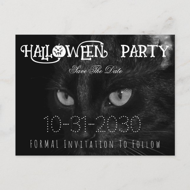 Cartão Postal De Anúncio Olhos de Gato Preto Festa de Halloween Salve a Dat (Frente)