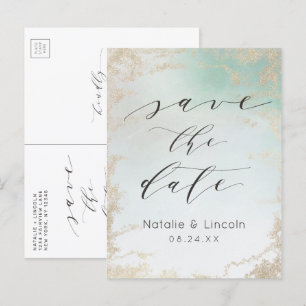 Cartão Postal De Anúncio Ombre Verde Menta Dourado Congelado Save the Date