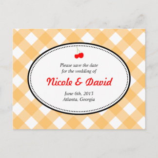 Cartão Postal De Anúncio Orange Gingham country rustic cherry salvar a data